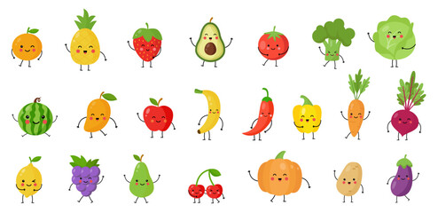 Vector illustration of cute kawaii fruits berries and vegetables with hands and legs. - obrazy, fototapety, plakaty