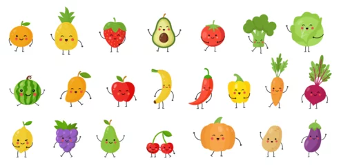 Tuinposter Vector illustration of cute kawaii fruits berries and vegetables with hands and legs. © Milya Shaykh