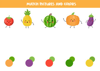 Match kawaii fruits and vegetables with colors. Educational worksheet for kids.