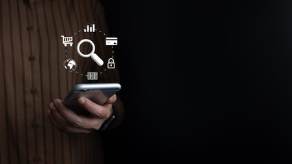 Search engine optimization SEO , Search technology, using mobile phone to search for information, using websites search bar to find the desired information or shopping online