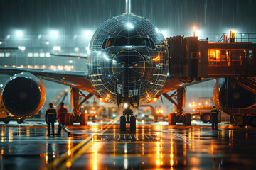 Rainy Airport Scene with Cargo Aircraft.
Cargo aircraft being serviced on a rainy night at the airport with crew in action.