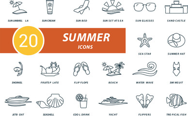Summer outline icons set. Creative icons: sun umbrella, sun cream, sunbed, sunset at sea, sun glasses, sand castle, sea star, summer hat, snorkel and more