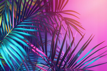 Realistic palm leaves and tropical tree in vibrant gradient and neon colors, with minimal and surrealism art concept...