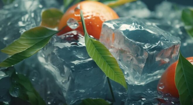 background of ice cubes and orange fruit