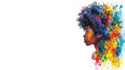 A Watercolor Painting of an African American Woman With Rainbow-Colored Hair on a White Background
