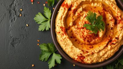 Hummus dip plate on wooden table. A bowl of creamy hummus with olive oil	 - obrazy, fototapety, plakaty