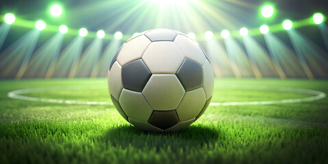 Fototapeta premium Close-up of a Football (Soccer) with spotlights illuminating the green lawn on the football field against the white circular lines at night. Victory, success, Sports, Exercise, Goals, 3d rendering