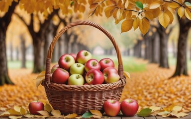 Autumn apples In The Basket on autumn leaves background with copy space