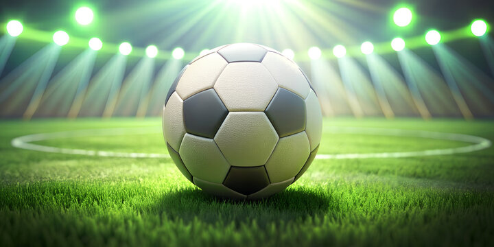 Close-up of a Football (Soccer) with spotlights illuminating the green lawn on the football field against the white circular lines at night. Victory, success, Sports, Exercise, Goals, 3d rendering