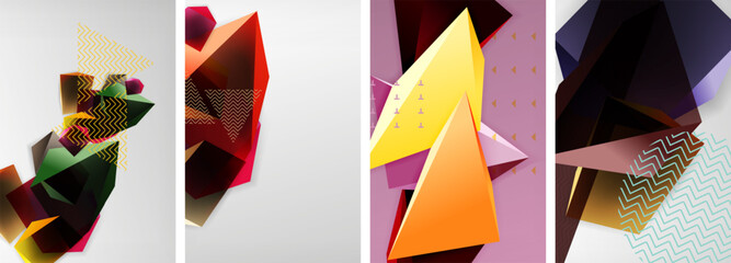 Trendy low poly 3d triangle shapes and other geometric elements background designs for wallpaper, business card, cover, poster, banner, brochure, header, website