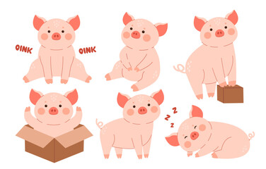 Cute cartoon piglets set. Pigs in different poses. Little piggy character collection.