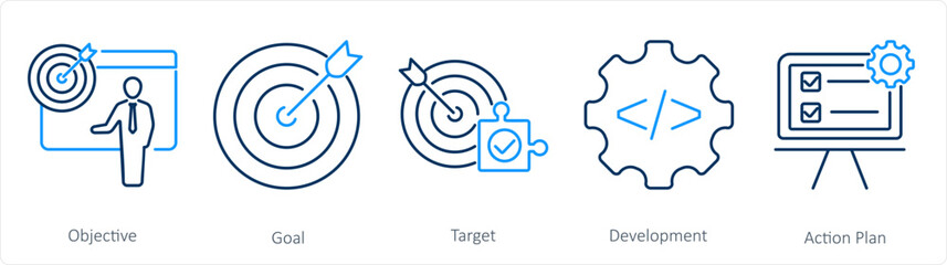 A set of 5 Action plan icons as objective, goal, target