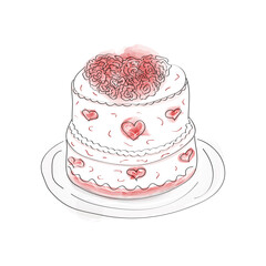 two-tier cake with cream, marzepan hearts and mastic flowers on a tray in a watercolor doodle style on white background