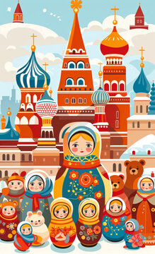 Abstract background in Russian style with nesting dolls. AI