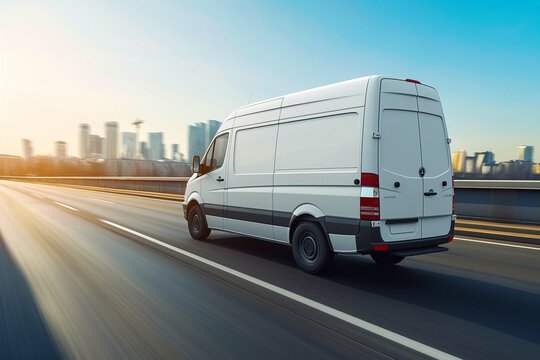 White Modern Delivery Small Shipment Cargo Courier Van Moving Fast On Motorway Road To City Urban Suburb. Business Distribution And Logistics Express Service