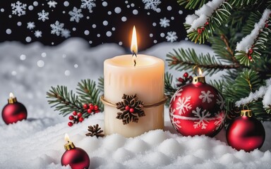 Fototapeta na wymiar Beautiful candle on the snow With Christmas Decoration Xmas backdrop