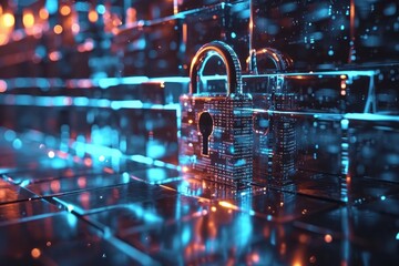 Fortified cybersecurity: Padlocks on server racks representing secure data in cloud computing environments.