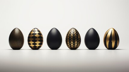 A set of festive Easter eggs in black and gold colors in a row