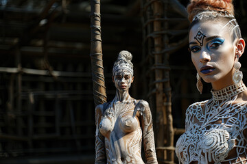 Tribal Fusion: model with intricate body paint stands in front of a bamboo structure, her gaze and stance embodying the fusion of traditional tribal art with contemporary fashion aesthetics.