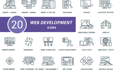 Web development outline icons set. Creative icons: project launch, cross browsing, website testing, validation, coding, create prototype and more
