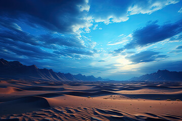 A Majestic Desert Canvas: Vast Expanse of Sand Below an Azure Sky Adorned With Wispy Clouds.