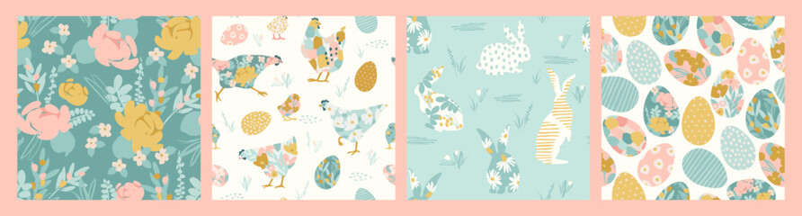 Happy Easter. Vector seamless patterns with abstract chickens, rabbits, eggs and flowers. Vector templates