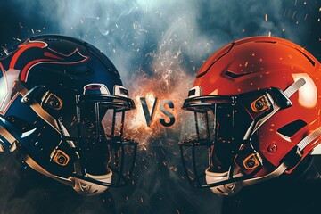 wide poster of hothead to head American football helmets challenge match advertisement banner with the VS letters for versus in the middle - obrazy, fototapety, plakaty
