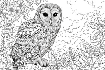 Fototapeta premium Black and white illustration for coloring birds, owl in the wood. Animal Coloring Page.