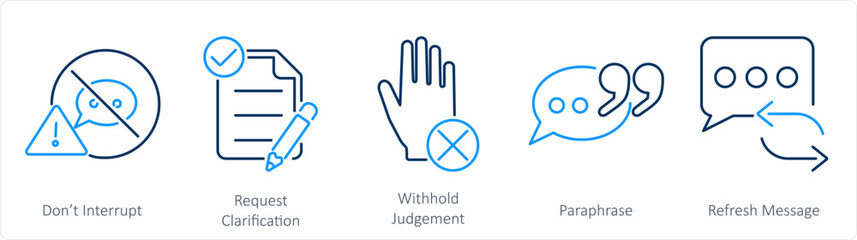 A set of 5 Active Listening icons as don�t inturrupt, request clarification, with hold judgement