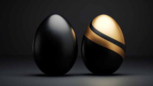 A set of festive Easter eggs in black and gold colors in a row