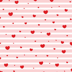 Heart pattern on striped background. Red hearts on hand drawn striped background. Seamless pattern, for textile, wrapping, wallpaper, wedding, valentine cards. Valentines day concept.