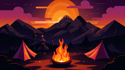 Campfire, forest, mountains, bonfire, sun. Cut paper style, illustration.