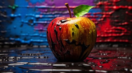 A vividly painted apple with dripping colors sits on a reflective wet surface, against a graffiti background.