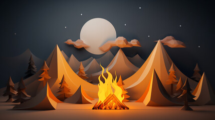 Campfire, forest, mountains, bonfire, sun. Cut paper style, illustration.