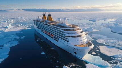 A modern, white cruise ship sails the Arctic Ocean, among ice floes and asbergs. Travel and vacation. En route.