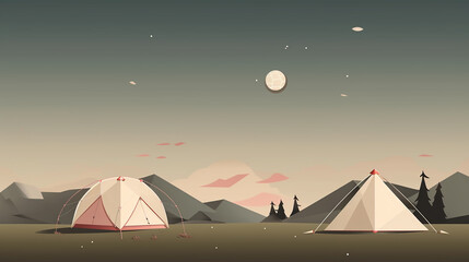 Paper summer landscape. Mountain, tent illustration