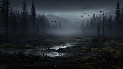 A dark, mysterious forest landscape with silhouettes of flying birds over a fog-covered swamp at dusk.