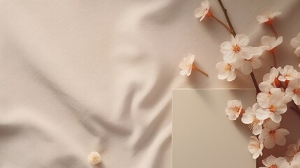 Fototapeta na wymiar Delicate cherry blossoms branch over a smooth cream fabric background, invoking a calm and peaceful ambiance.
