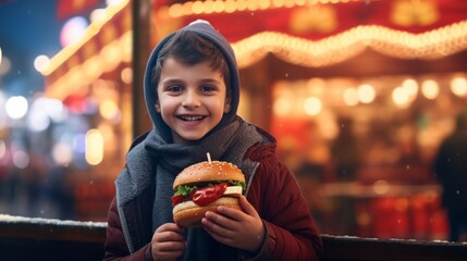 Cheerful young boy holding a delicious burger, with a brightly lit fairground in the background.