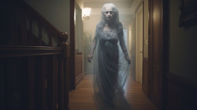 A haunting image of a ghostly figure in vintage attire standing in the dimly lit corridor of an old Victorian house.