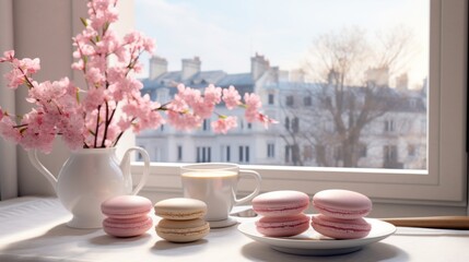 A cozy indoor setting featuring cherry blossoms in a vase with colorful macarons on a table by the window.