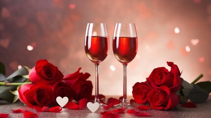 Two champagne glasses among roses for a romantic celebration, with heart-shaped bokeh background.