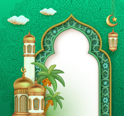Ramadan Mubarak Design Template with 3d Mosque and Islamic Ornaments - 722779785