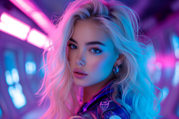 Glowing Elegance: Portrait beautiful woman in Fluorescence