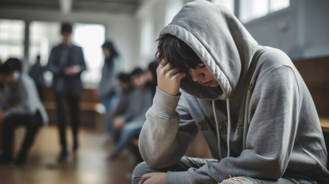 A distressed teenager sitting alone, covering face with hands in a blurry waiting room.