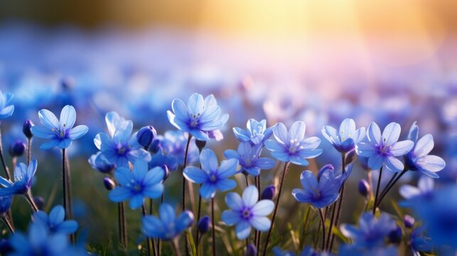 Vibrant Hepatica Nobilis flowers in bloom with a radiant sunset in the background.