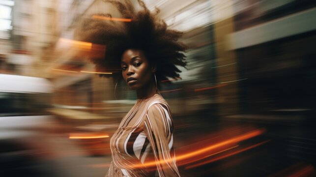 Elegant woman in motion, city life blur, with a bold, modern fashion sense.