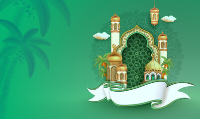 Ramadan mubarak banner template with 3d mosque and islamic ornaments - 722780131