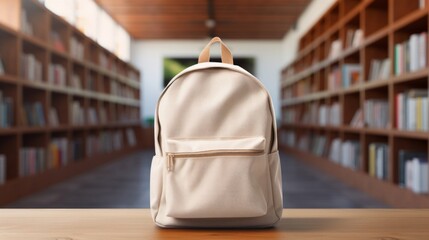 A minimalist beige backpack standing on a wooden table in a well-lit, modern library environment.
