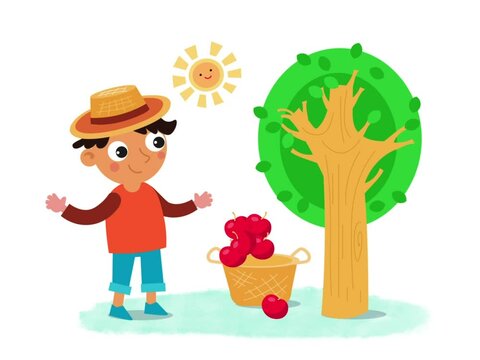Cartoon cute flat farmer picking apples in an orchard. Full colour animation on white background for video.